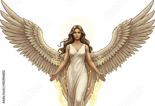 Elegant brown-haired angel woman with glowing halo, white dress and divine wings in serene celestial illustration