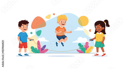 Cheerful kids jumping rope outside at school. Great for physical activity themes, energetic childhood play, fitness routine visuals, and healthy lifestyle concepts.