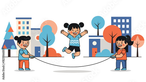 Cheerful kids jumping rope outside at school. Great for physical activity themes, energetic childhood play, fitness routine visuals, and healthy lifestyle concepts.