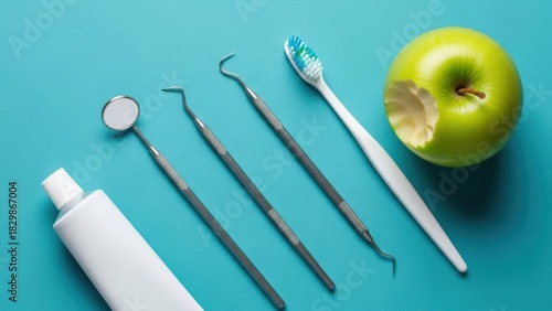 Dental hygiene tools and a bitten apple arranged on a teal background symbolizing oral health and care