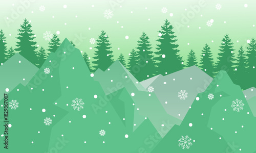 Whimsical winter wonderland scene with snowy mountains, lush evergreen trees, and falling snowflakes creating a serene, idyllic nature background