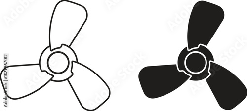 Two stylized fan blades one outlined and one solid black silhouette