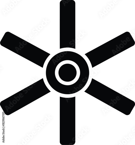 Six bladed star shaped object silhouette with concentric circles in center