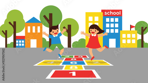 Kids playing hopscotch during school recess outdoors. Ideal for playful learning, childhood motor development, schoolyard games, and active learning visuals.