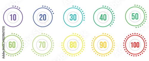 Infographic circles percentage number rings from 0 to 100 icon set, Set of round colorful infographic. Vector 