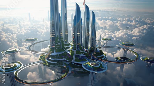 Tall futuristic skyscrapers rise above the clouds with green terraces and aerial walkways, bright daylight atmosphere, concept of technological progress and sustainable urban development