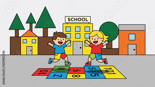 Kids playing hopscotch during school recess outdoors. Ideal for playful learning, childhood motor development, schoolyard games, and active learning visuals.