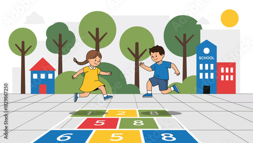 Kids playing hopscotch during school recess outdoors. Ideal for playful learning, childhood motor development, schoolyard games, and active learning visuals.