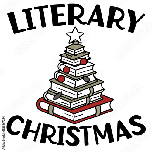 Literary Christmas – Stacked Book Tree, Festive Reading, Holiday Season, Gifts, Vector Art, Digital Illustration, Book Lover Gift, Christmas Decoration, Winter Theme, Novel, Reader Design, Cute & Fun