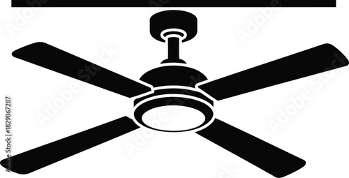 A simple black silhouette of a modern five blade ceiling fan mounted on a white background