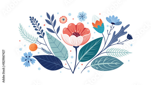 Colorful abstract floral arrangement with leaves and berries on white background