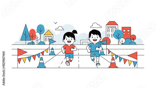 Kids competing in an outdoor race during school field day. Perfect for teamwork, competitive play, physical education, and school event visuals.
