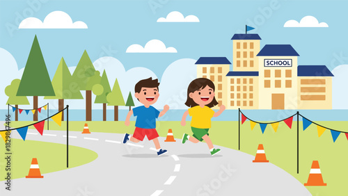 Kids competing in an outdoor race during school field day. Perfect for teamwork, competitive play, physical education, and school event visuals.