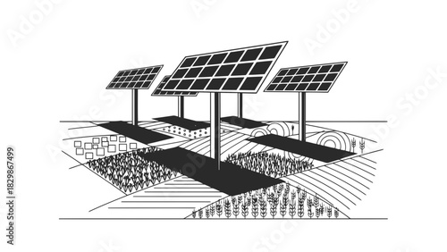 Solar panels above agricultural fields isolated on white background