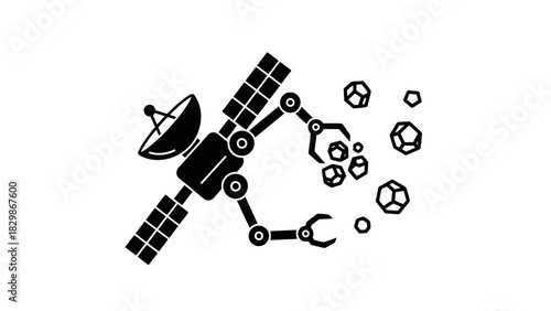 Satellite with robotic arms collecting asteroids isolated on white background