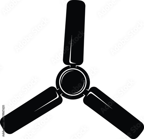 A simple black silhouette of a three blade ceiling fan on a white background