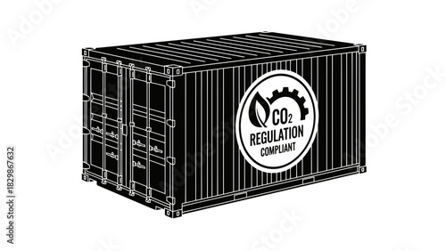 Black shipping container with co2 regulation compliant symbol isolated on white background