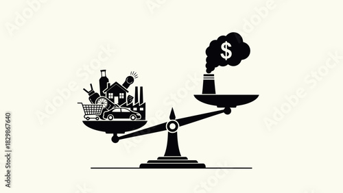 Scales of industry and consumption versus pollution and profit isolated on white background