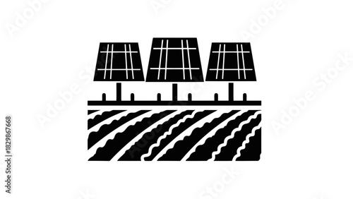 Three solar panels above cultivated fields isolated on white background