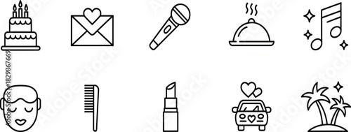 Leisure, Celebration, Beauty, and Lifestyle Vector Icon Set: Party, Event, Wedding, Travel, Outline Signs, Editable Stroke