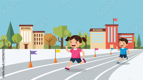 Kids competing in an outdoor race during school field day. Perfect for teamwork, competitive play, physical education, and school event visuals.