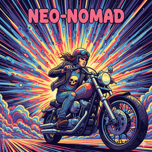 Psychedelic Comic Art Neo-Nomad Biker on Motorcycle