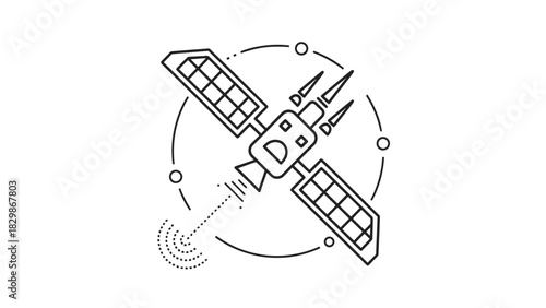 Stylized satellite icon with solar panels and orbiting circles isolated on white background
