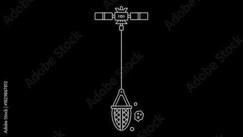 Satellite collecting space debris with a net isolated on white background