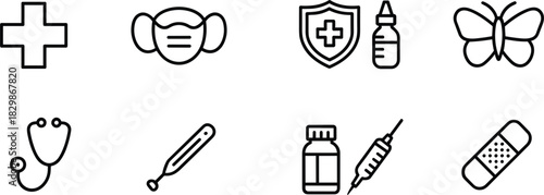 Medical Health Protection and Wellness Vector Icon Set: Emergency, Healthcare, Pharmacy, First Aid Outline Signs, Editable Stroke