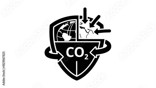 Carbon dioxide reduction shield with earth and arrows isolated on white background