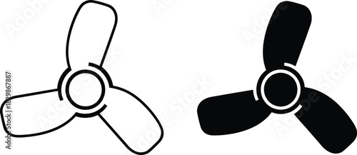 Two stylized fan blade icons one outlined and one solid black silhouette
