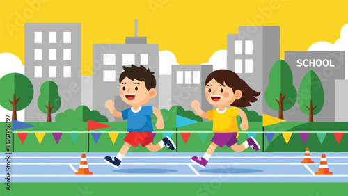 Kids competing in an outdoor race during school field day. Perfect for teamwork, competitive play, physical education, and school event visuals.