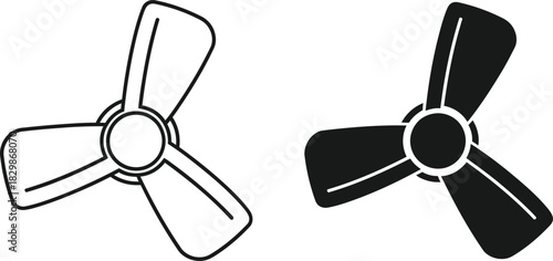 Two stylized fan blades one outlined and one solid black silhouette
