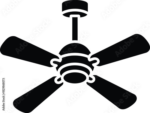 A classic five bladed ceiling fan depicted in a bold black silhouette against a white background
