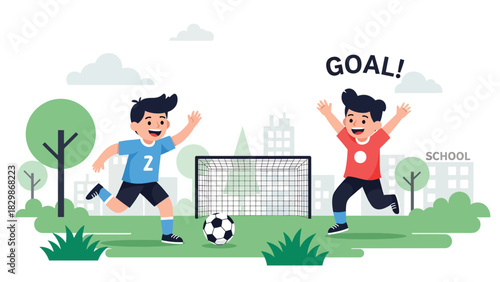 Kids playing soccer during outdoor school recess. Ideal for sports education, teamwork development, movement learning, and active childhood activities.