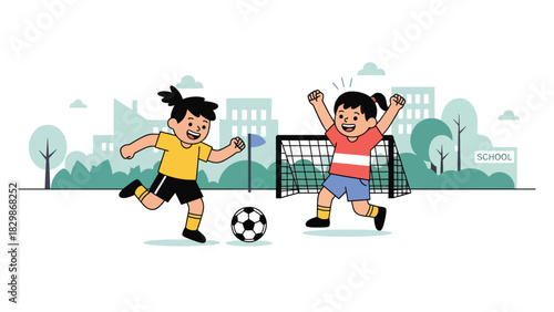 Kids playing soccer during outdoor school recess. Ideal for sports education, teamwork development, movement learning, and active childhood activities.