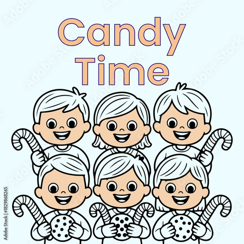 Candy Time with Happy Kids coloring page illustration