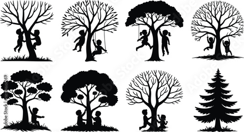 Set of black silhouettes featuring children playing climbing and swinging on trees isolated on white background for vector nature design.