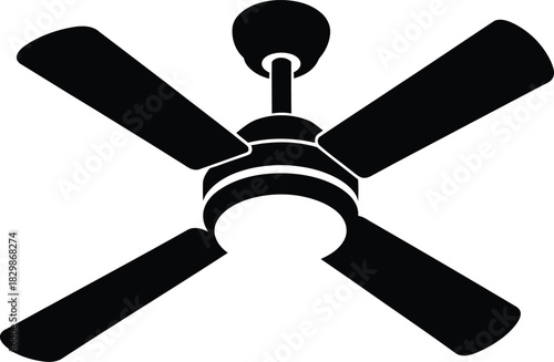 A simple black silhouette of a four bladed ceiling fan with a light fixture