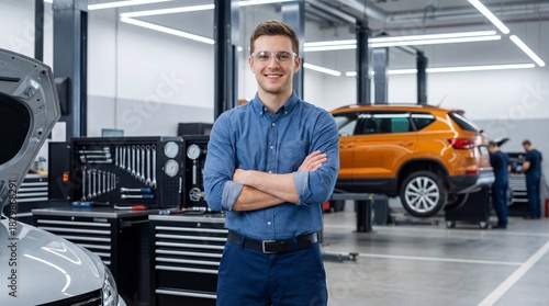 Young Caucasian Technician Smiling With Arms Crossed In Modern Auto Repair Shop