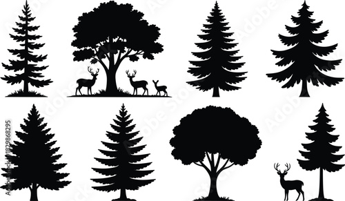 Set of black silhouettes featuring pine and deciduous forest trees with wild deer isolated on white background for vector design.