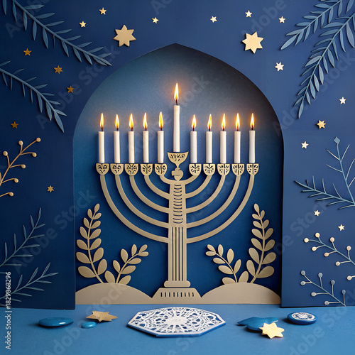 Chanukah menorah with lit candles against a festive blue background