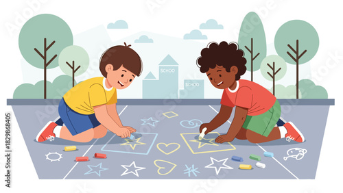 Kids drawing sidewalk chalk art on the playground. Ideal for creativity education, outdoor imagination, hands-on learning, and fun school recess activities