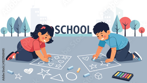 Kids drawing sidewalk chalk art on the playground. Ideal for creativity education, outdoor imagination, hands-on learning, and fun school recess activities