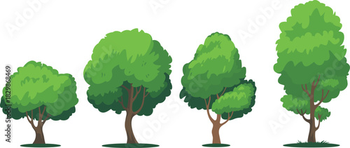Set of cartoon green deciduous trees with lush foliage isolated on white background for game landscape vector.