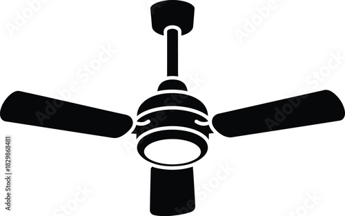 A simple black silhouette of a three bladed ceiling fan with a light fixture silhouette