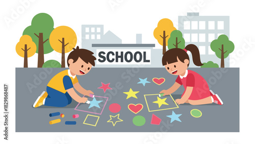 Kids drawing sidewalk chalk art on the playground. Ideal for creativity education, outdoor imagination, hands-on learning, and fun school recess activities