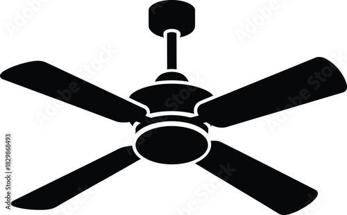 A black silhouette of a modern five bladed ceiling fan mounted on a white background