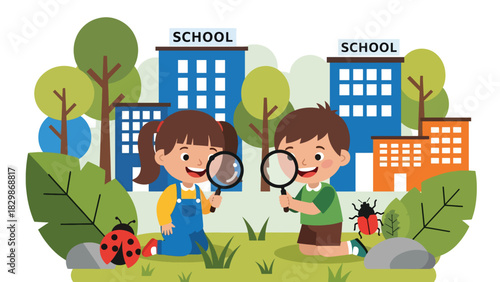 Kids exploring nature outdoors with magnifying glass. Ideal for science learning, outdoor classroom concepts, curiosity development, and discovery education