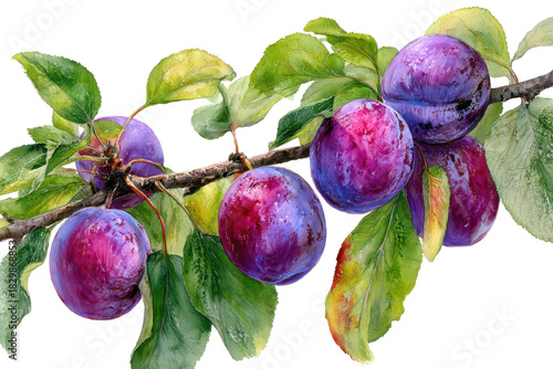 Ripe plums hanging on a branch with leaves isolated on transparent background. Ripe plums hang on branch with green leaves isolated on white background.